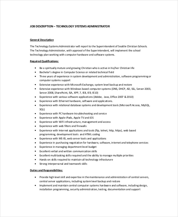Job description systems administrator