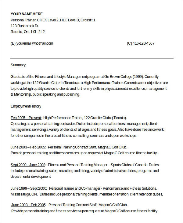 certified personal trainer resume