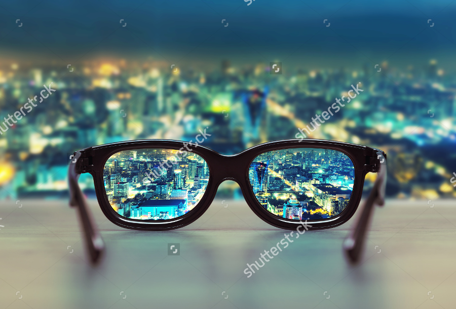 night cityscape focused in glasses