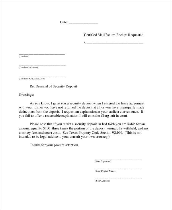 sample demand letter for security deposit