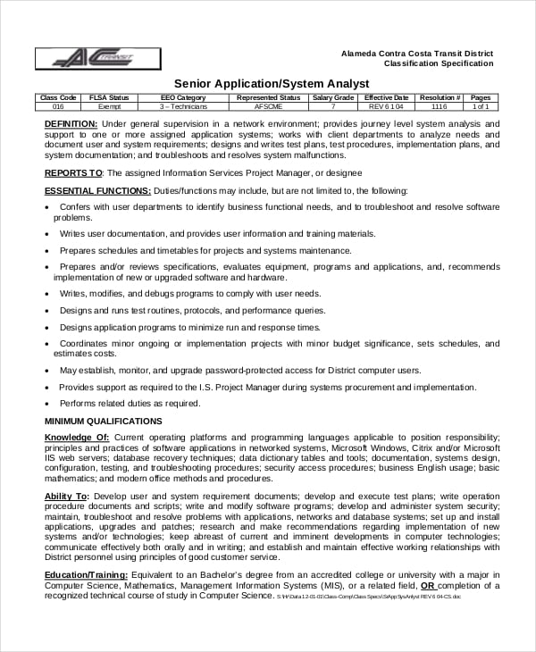 applications systems analyst job description