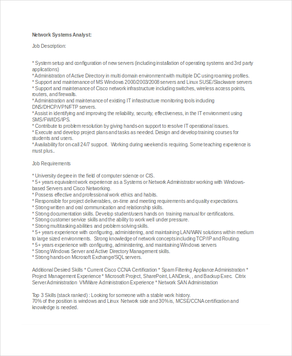 network systems analyst job description format