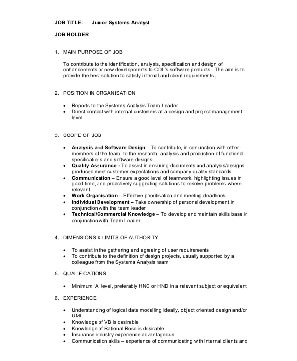 junior systems analyst job description free download