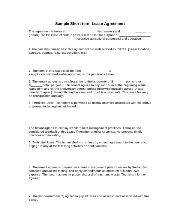 basic short term lease agreement template