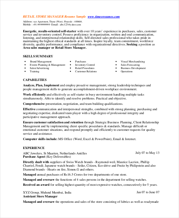  Retail Store Manager Resume Retail Manager Resume Sample Writing 