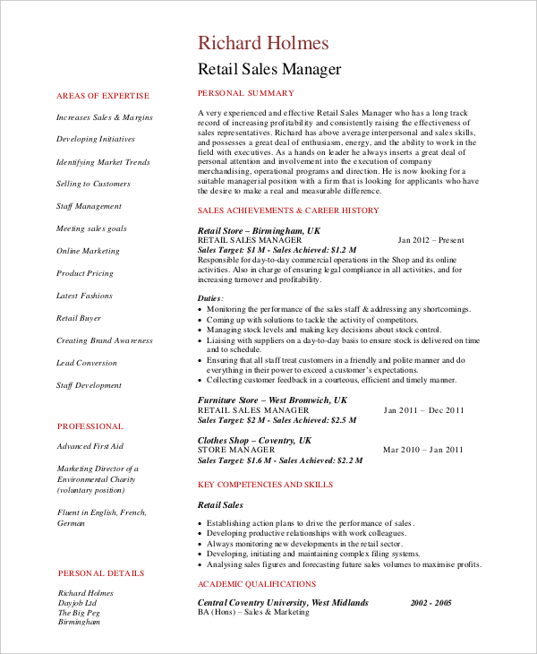 retail sales manager resume examples