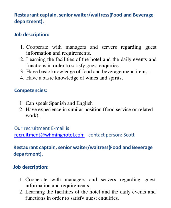 Captain Waiter Job Description