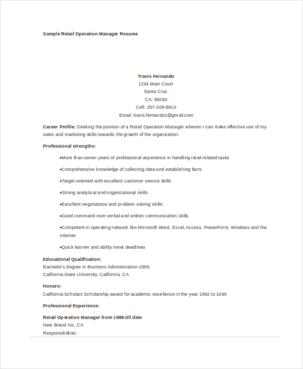 8 Retail Manager Resumes Free Sample Example Format