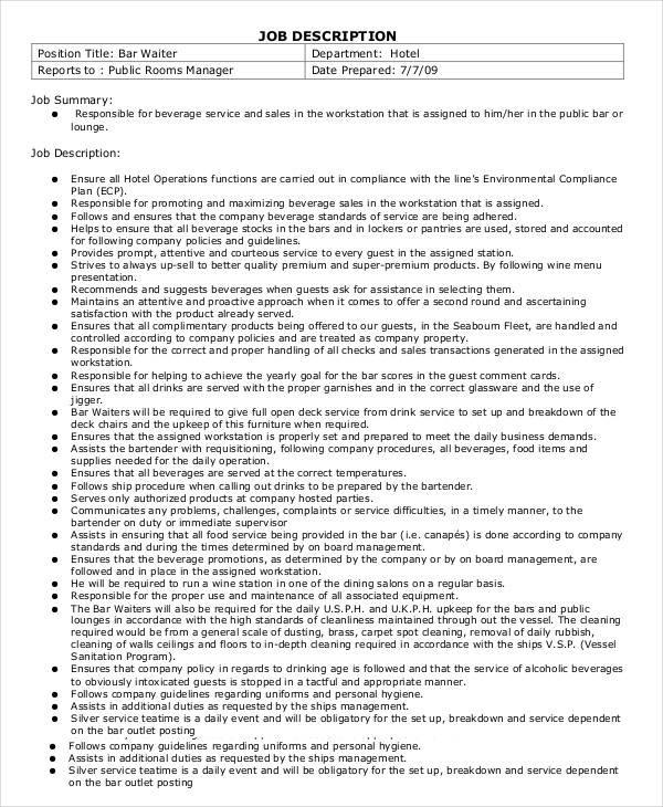 10+ Waiter Job Description Templates PDF, DOC