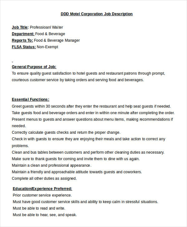 Waiter Job Description Sample