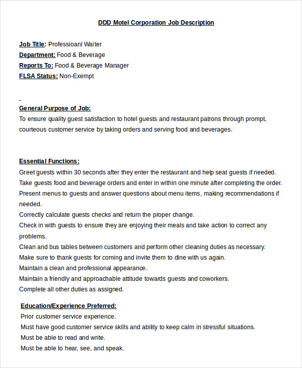 10+ Waiter Job Description Templates PDF, DOC