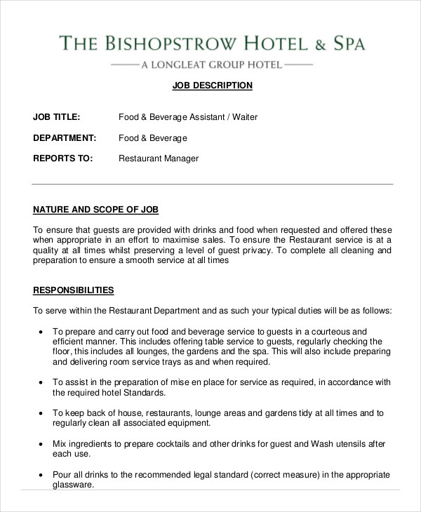 10+ Waiter Job Description Templates PDF, DOC