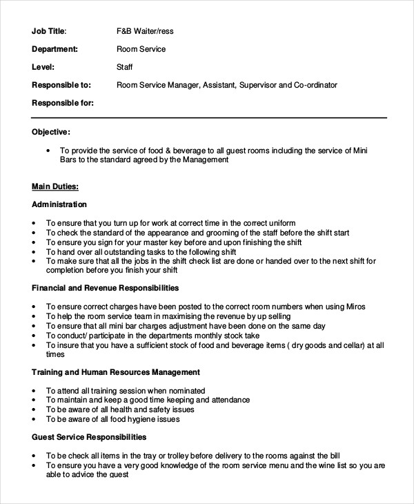 10+ Waiter Job Description Templates - PDF, DOC | Free ...