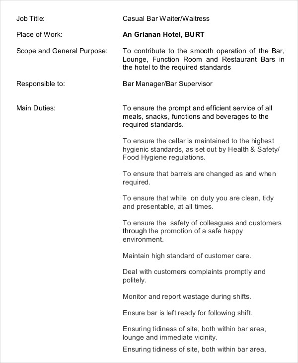 10+ Waiter Job Description Templates PDF, DOC