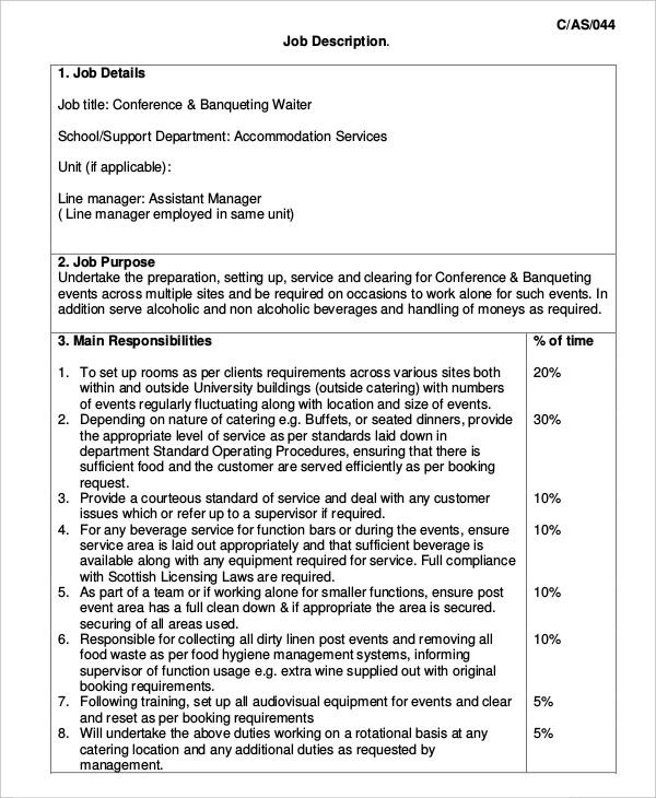 10+ Waiter Job Description Templates - PDF, DOC