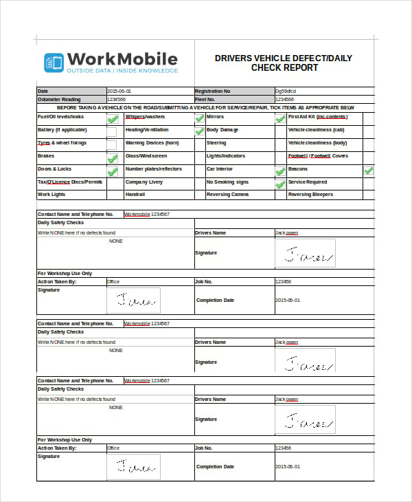 vehicle defect report template