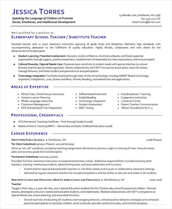 resume sample substitute teacher