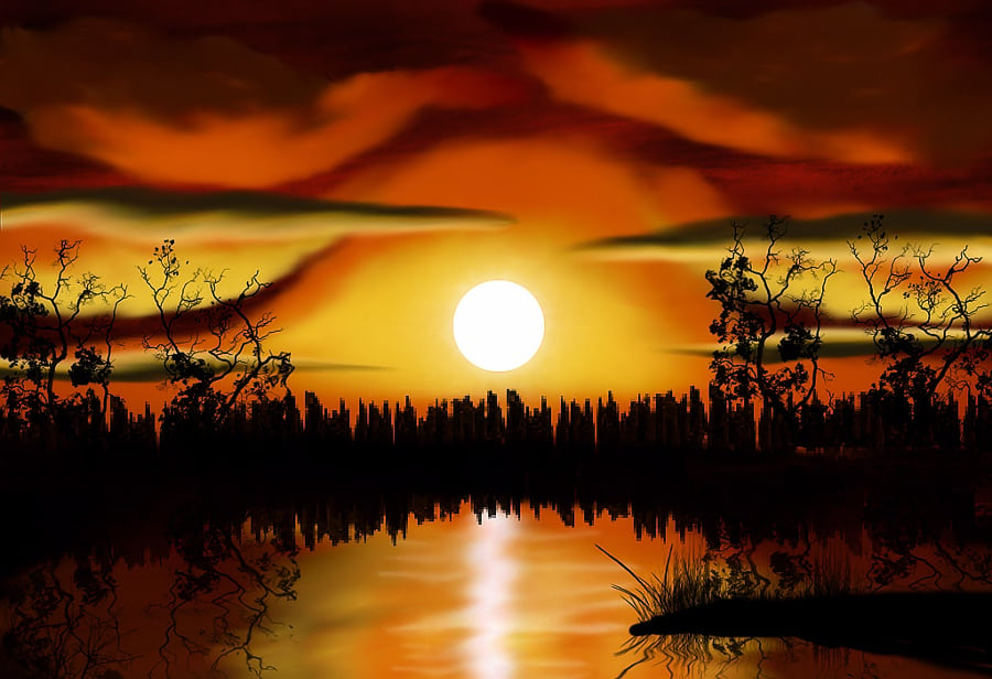 sunset silhouette painting