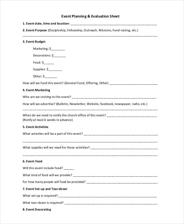 event planning evaluation template