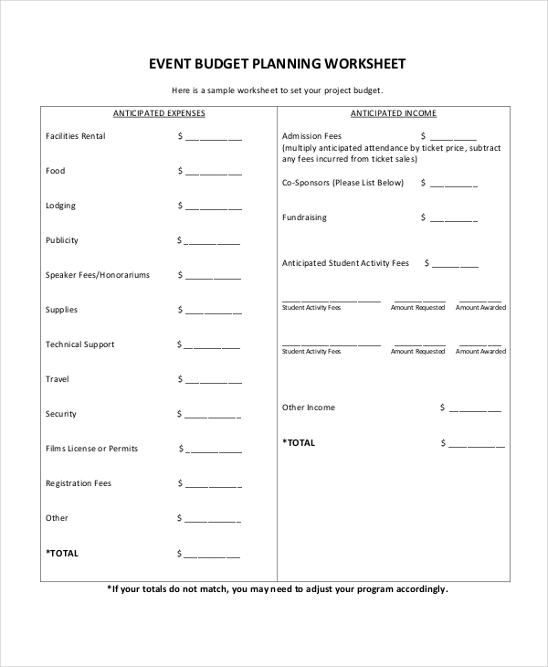 event planning budget template