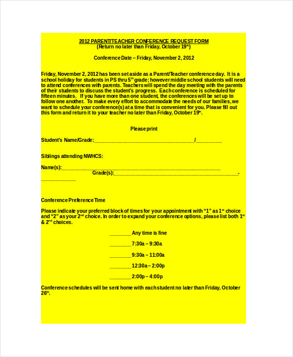 parent teacher conference request form in doc