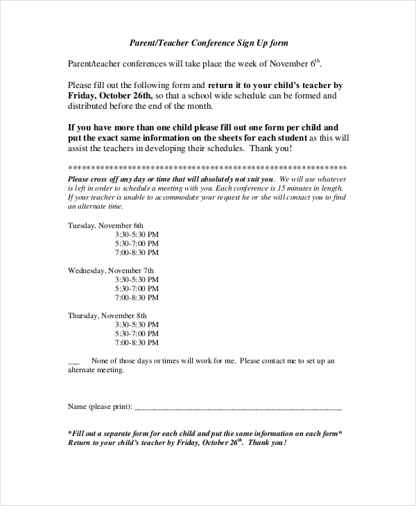 parent or teacher conference sign up form example