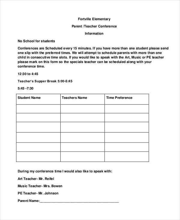 9+ Parent Teacher Conference Forms Free Sample, Example, Format