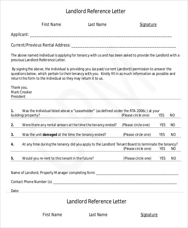 reference letter of landlord
