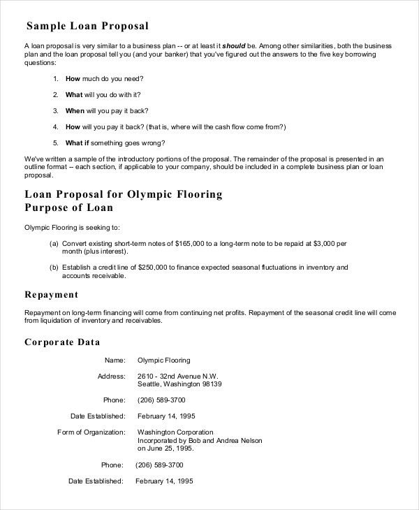 sample proposal letter for a small business loan