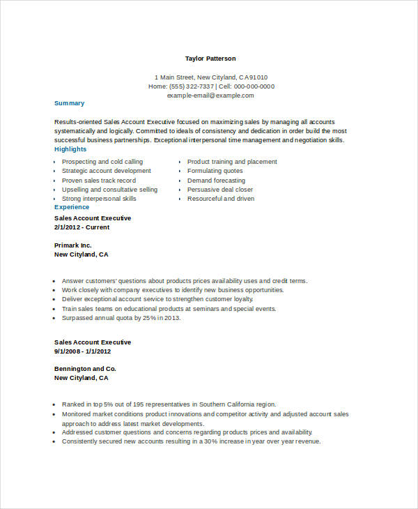 sales account executive resume free download