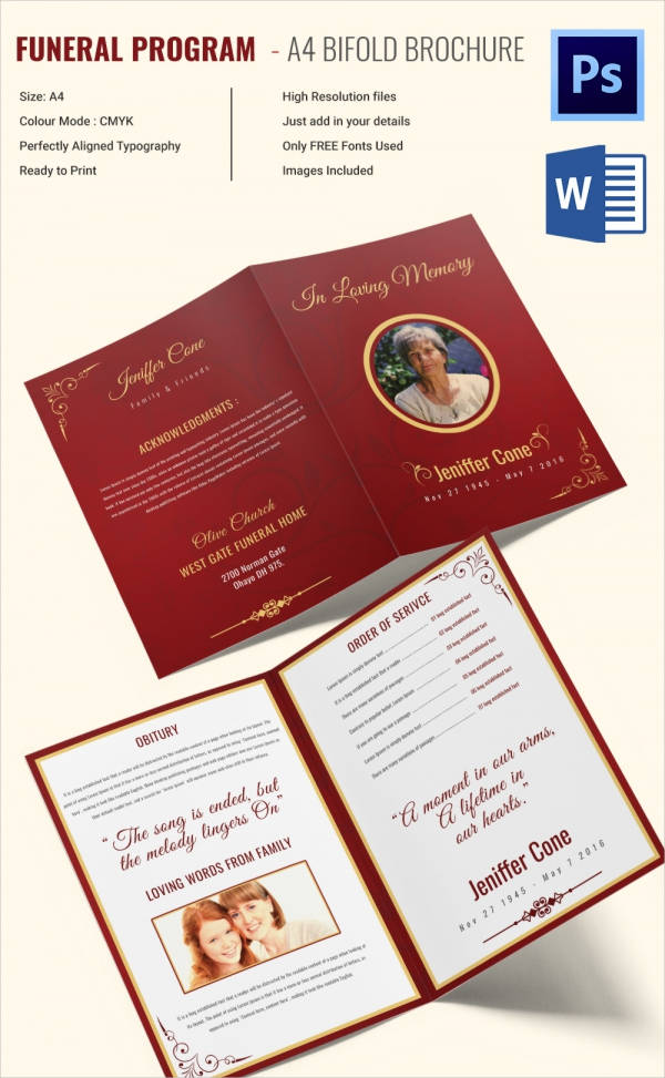 a4 bi fold funeral program template for grand mother