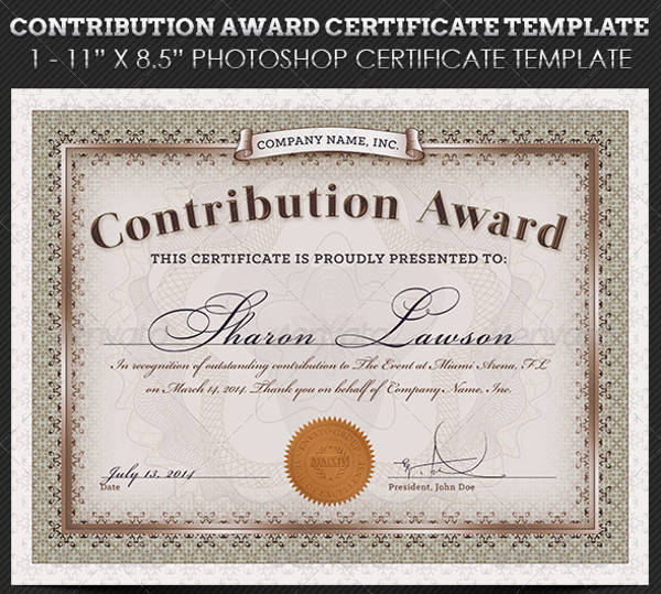contribution award certificate template