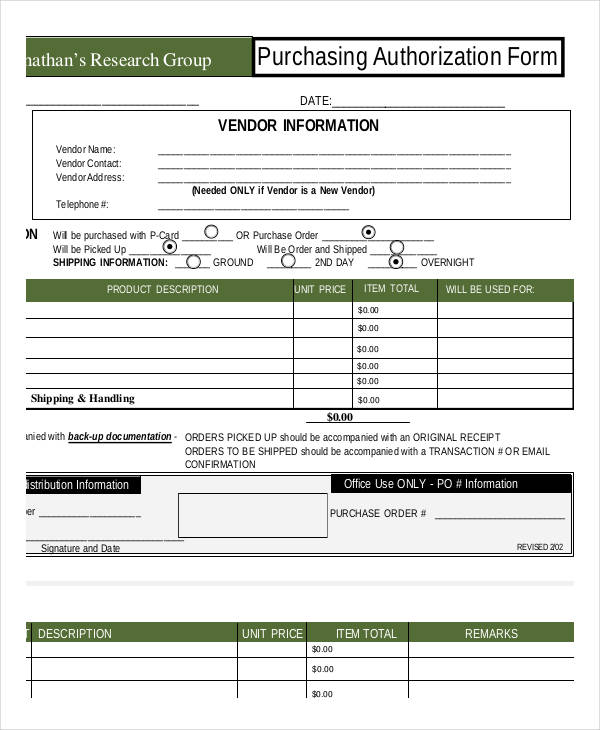 purchase order authorization form