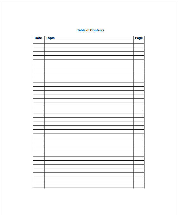 table of contents word document template