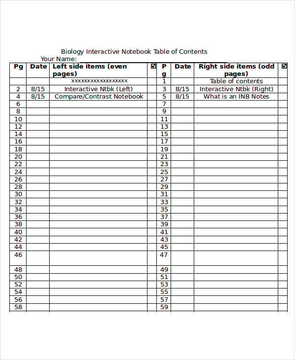 interactive notebook table of contents