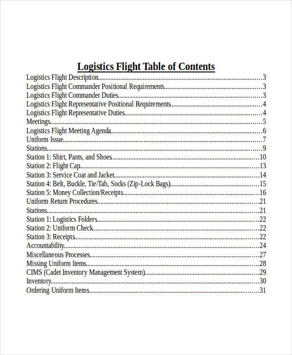 logistics continuity book table of contents