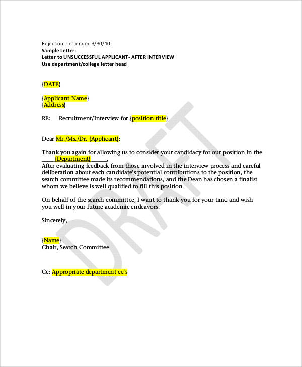 sample rejection letter after interview