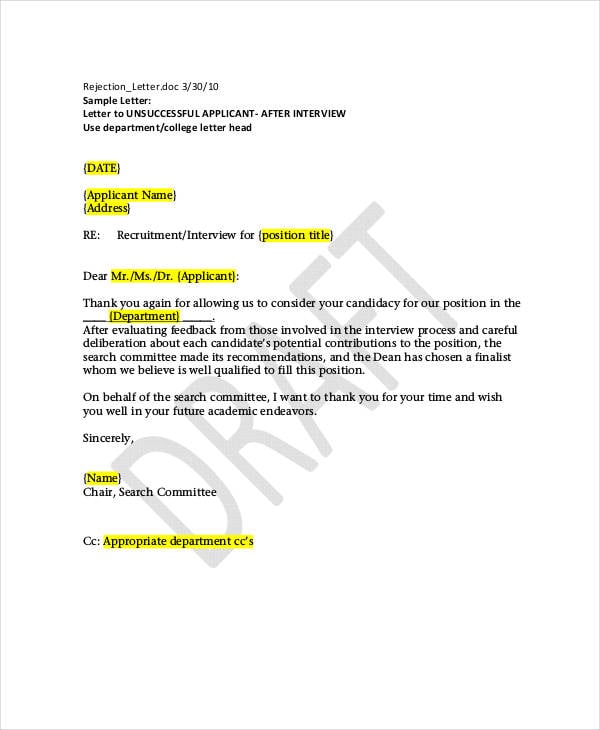 Rejection Letter Sample 10 Free Word Pdf Documents Download 3143