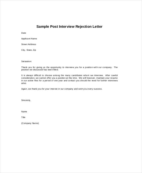 Sample Rejection Letter After Phone Interview | The Document Template