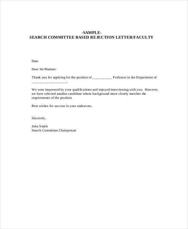 comittee based rejection letter sample