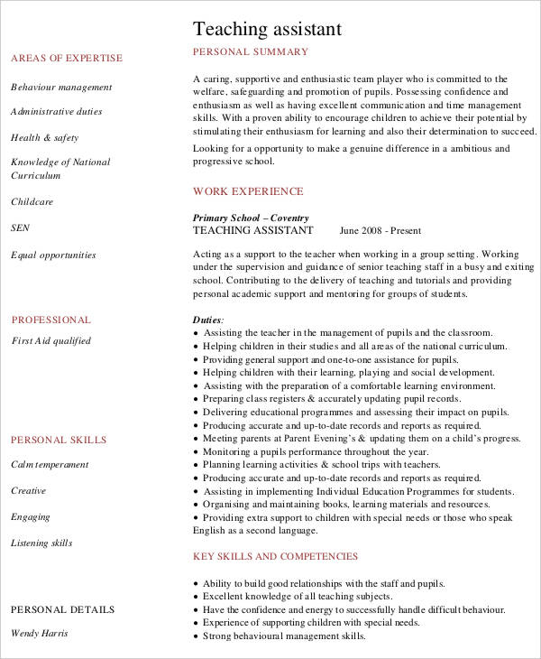 assistant preschool teacher resume