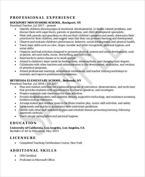 9+ Preschool Teacher Resume Templates PDF, DOC