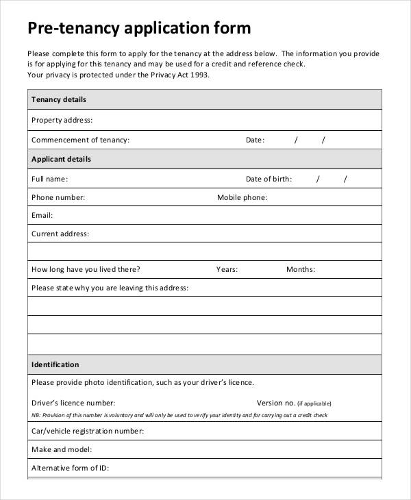 Tenant Application Form 9 Free Word PDF Documents Download