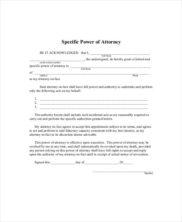 specific power of attorney form