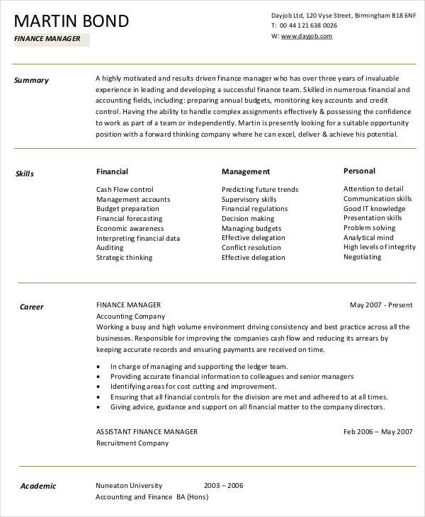 Finance Resume Template Free