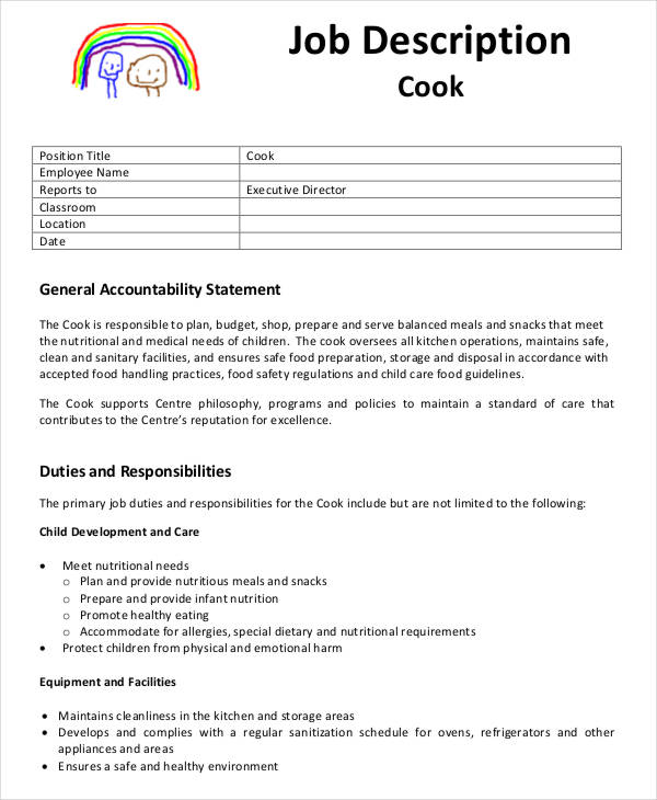 cook job description for child care center