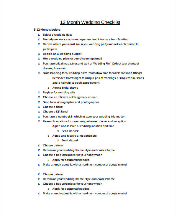 12 month wedding day checklist