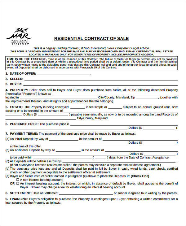 real estate sales contract template