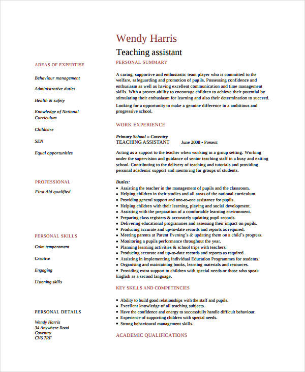 9 Teacher Assistant Resume Templates PDF DOC