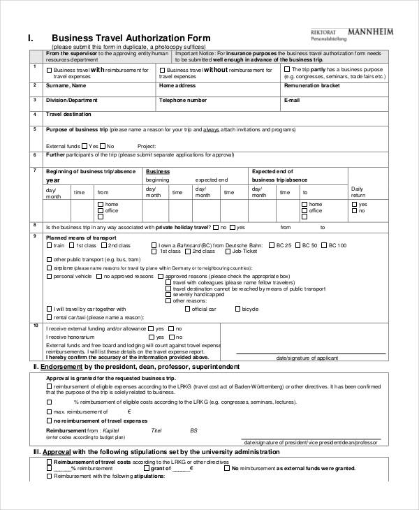 business travel form template